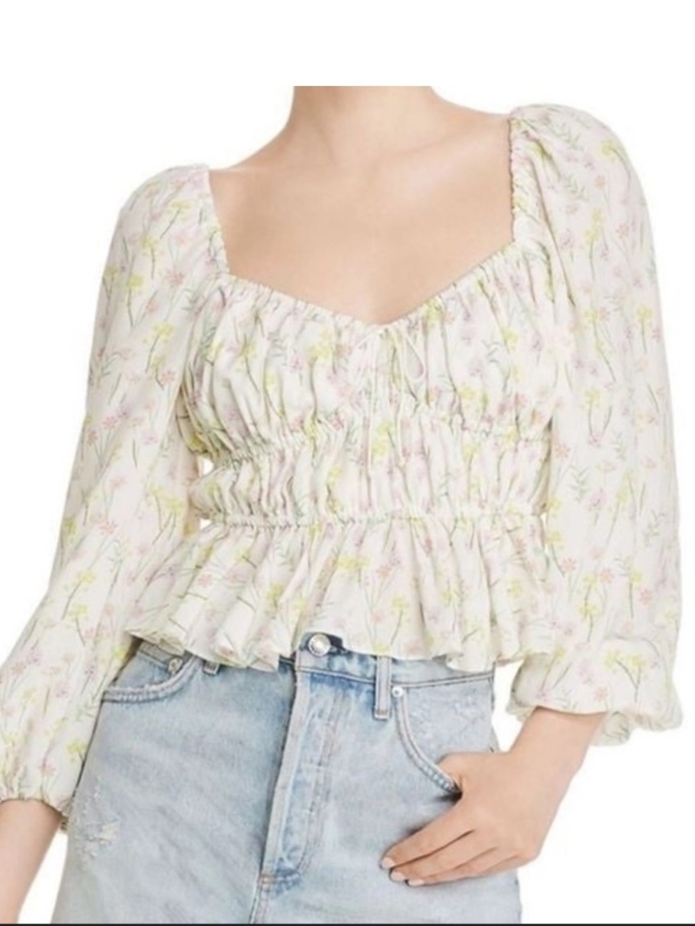 For Love And Lemons White Floral Cropped Long-sleeve Elastic Waist Top